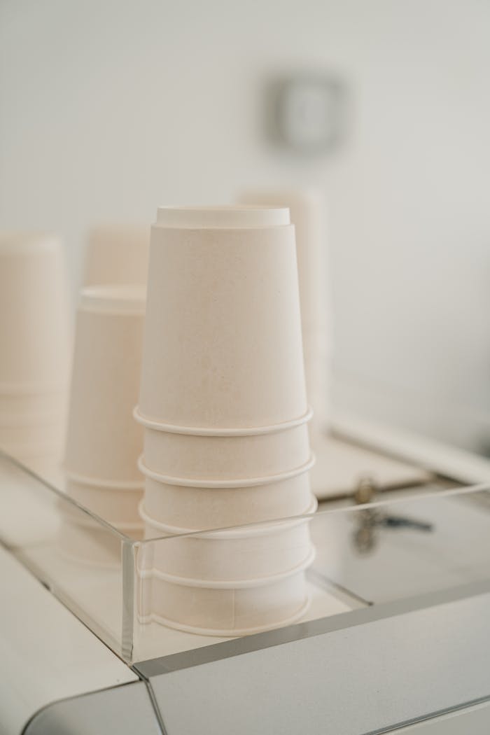 Set of various white paper cups placed on coffee machine in modern cafe