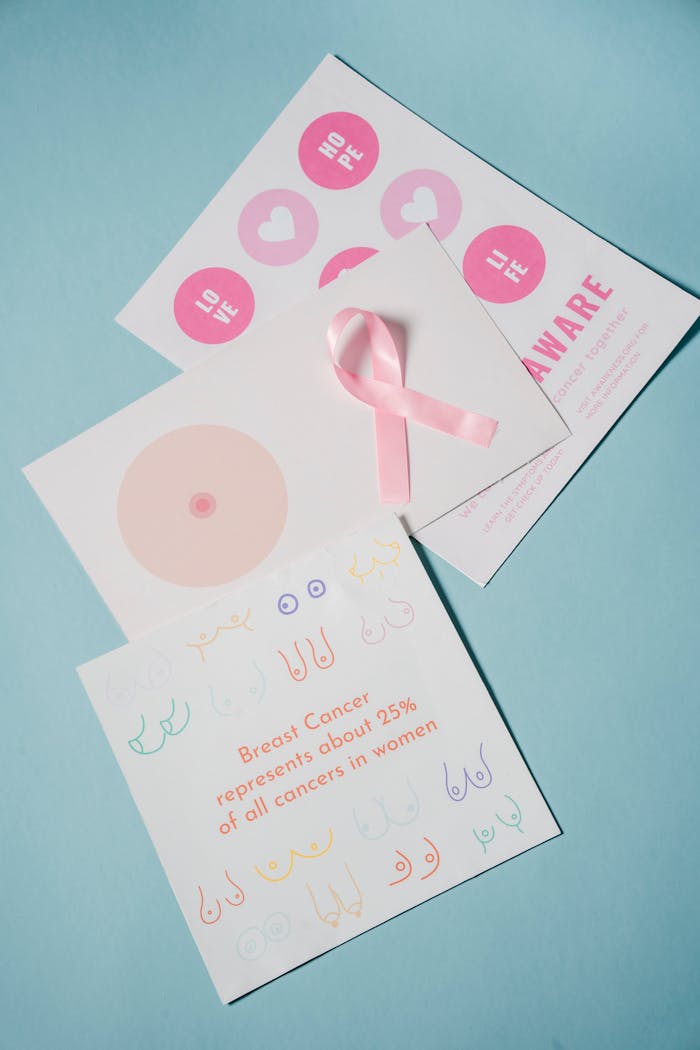 Pink ribbon and awareness cards highlighting breast cancer facts on blue background.